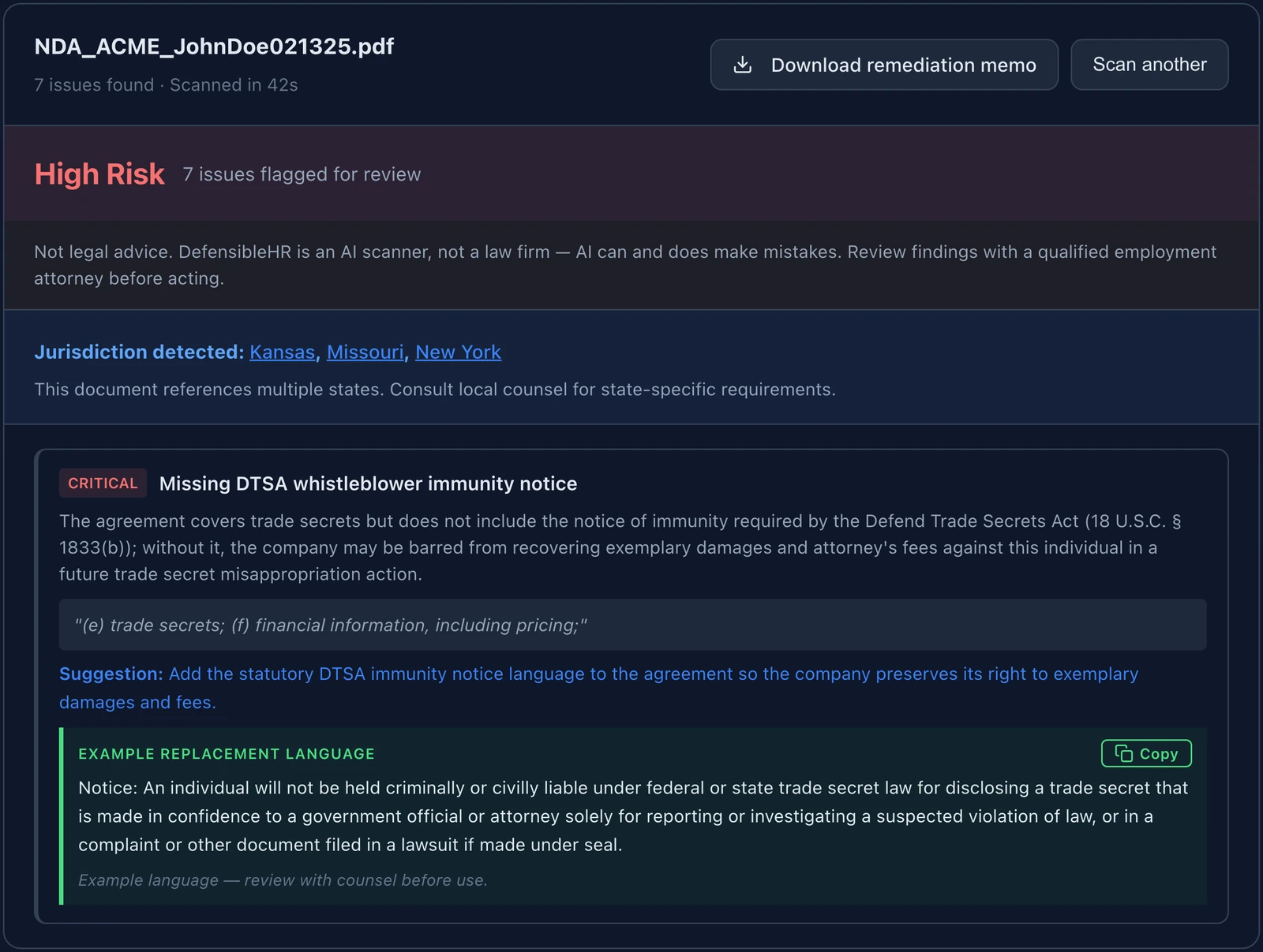 DefensibleHR scan results showing a High Risk rating, multi-state jurisdiction detection, a downloadable remediation memo, and a critical finding for a missing DTSA whistleblower immunity notice with example replacement language